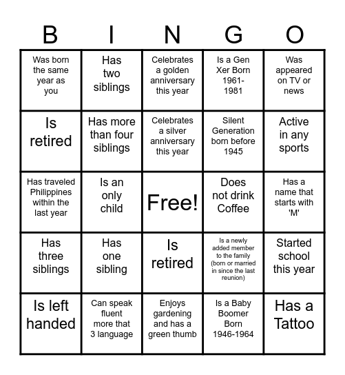 10th Hijara-Joring Family Reunion Bingo Card