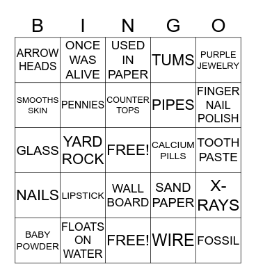 Mineral and Rock Bingo Card