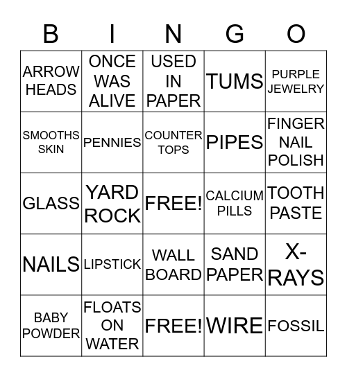 Mineral and Rock Bingo Card