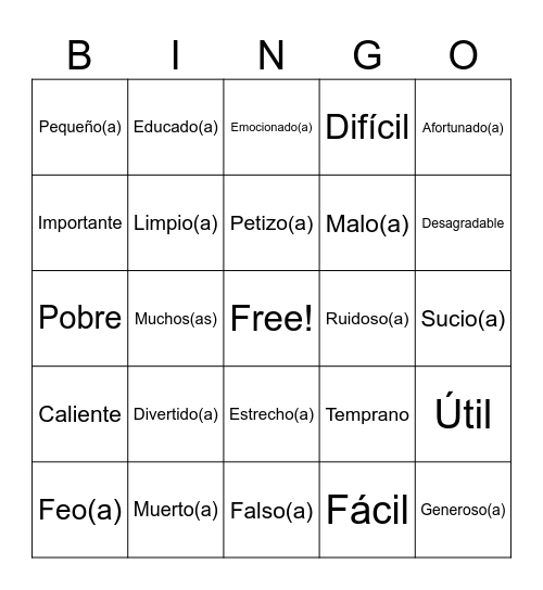 Spanish Adjectives Bingo Card