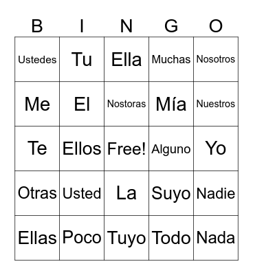 Spanish Pronouns Bingo Card