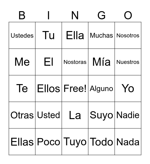Spanish Pronouns Bingo Card
