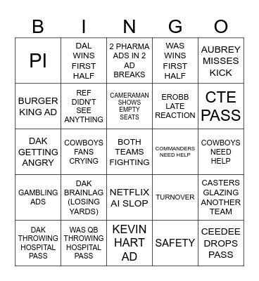 Cowboys vs. Commanders (2nd to 4th Quarter) Bingo Card