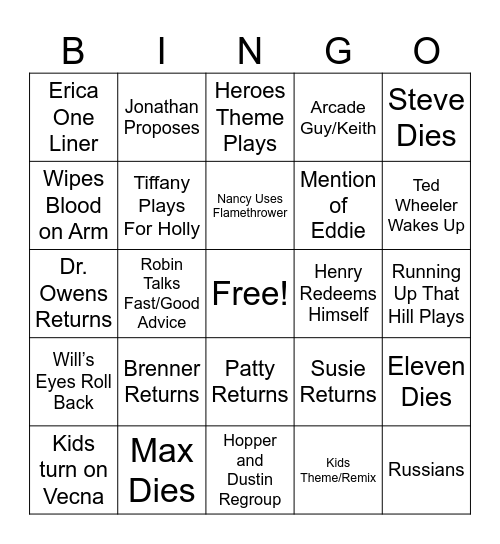 STRANGER THINGS BINGO Card
