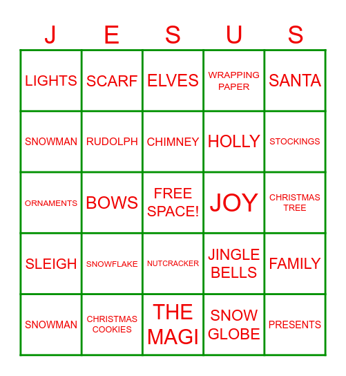 CHRISTMAS FAMILY BINGO Card