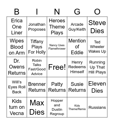 STRANGER THINGS BINGO Card