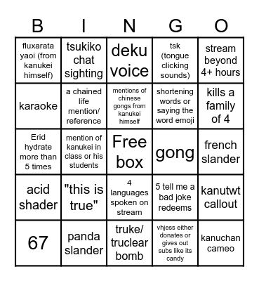 KaNukei bingo list Bingo Card