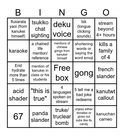 KaNukei bingo list Bingo Card