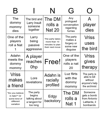 Dnd session bingo Card