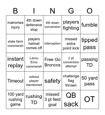 NFL Christmas Broncos v. Chiefs Bingo Card