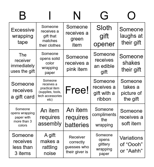 Secret Santa Bingo Card