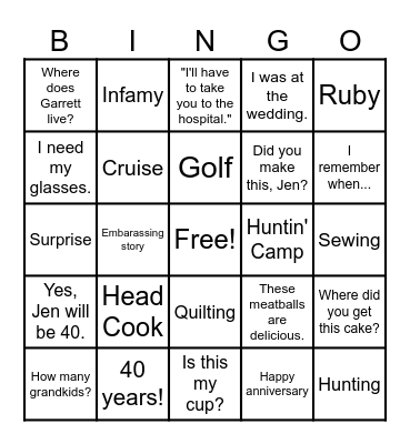40th Anniversary Bingo Card