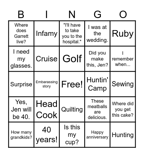 40th Anniversary Bingo Card