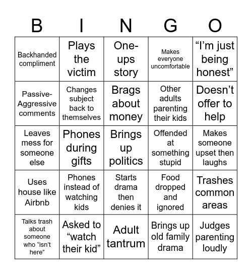 Toxic Christmas Bingo Card