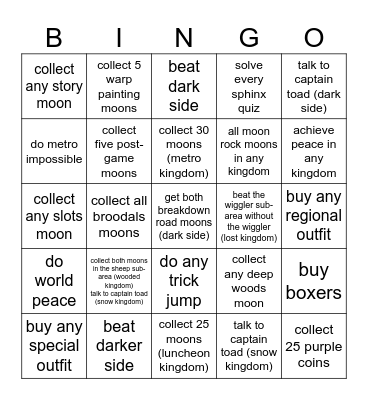 Mario odyssey Bingo Card