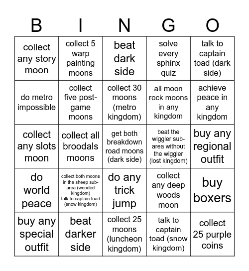 Mario odyssey Bingo Card