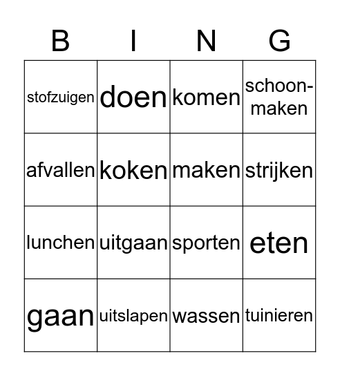 Werkwoorden Bingo Card