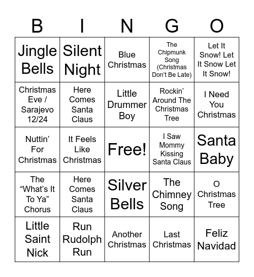 XMAS Music Trivia Bingo Card