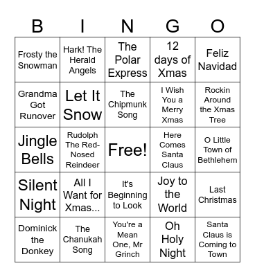 Christmas Song Bingo Card