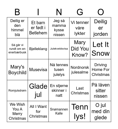 Julesanger Bingo Card