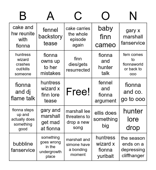 Fionna and Cake Season 2 Finale Predictions Bingo Card