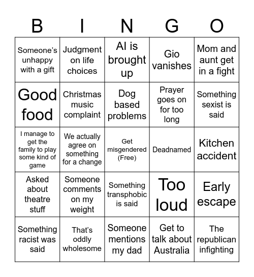 Family Christmas Bingo Card