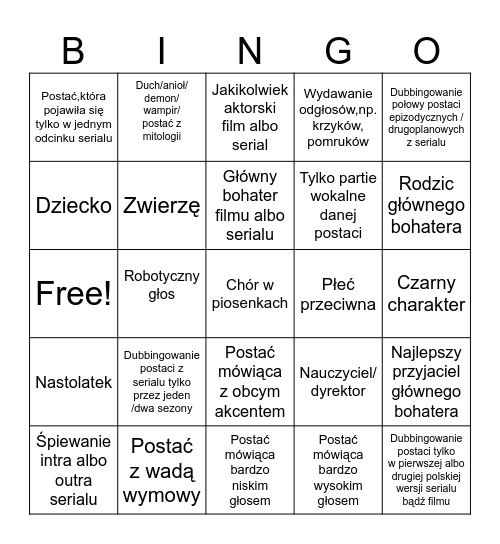 TWÓJ ULUBIONY AKTOR DUBBINGOWY Bingo Card