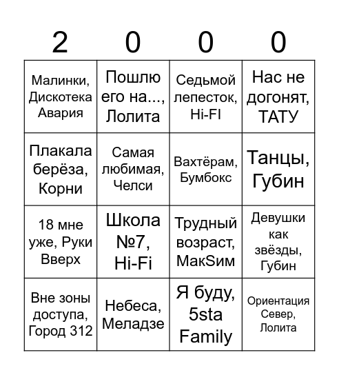 Поп музыка 2000-ых Bingo Card