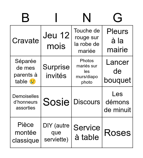 Mariage Bingo Card