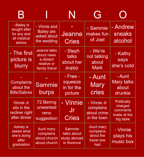 Christmas Dinner Bingo Card