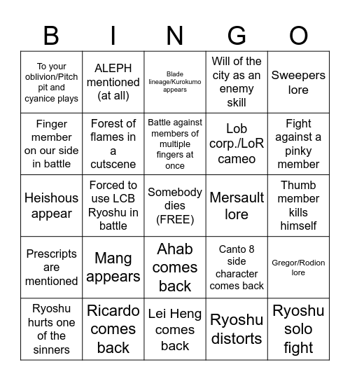 Canto 9 bingo Card