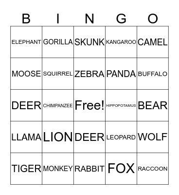 ANIMALS Bingo Card