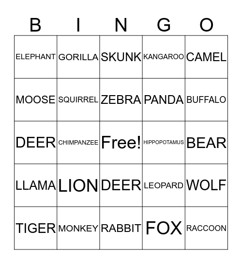 ANIMALS Bingo Card