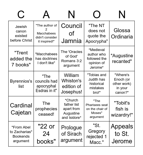 Deuterocanon conversation PRATT  Bingo! Bingo Card