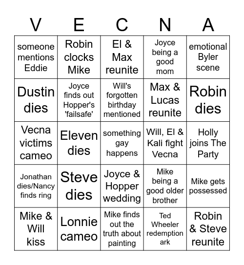 Stranger Things Bingo Card