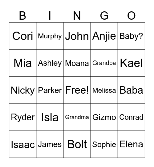 Family Bingo Card