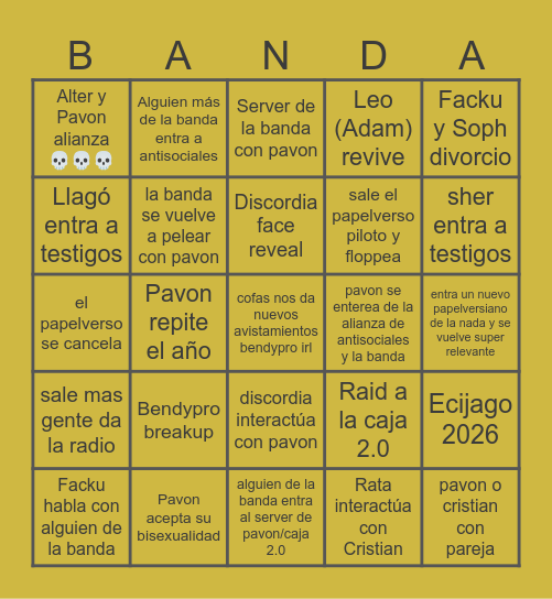 Bingo pavonverse Bingo Card