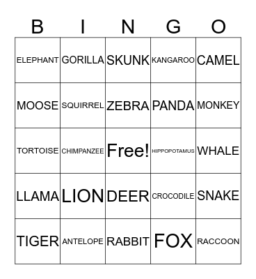 ANIMALS Bingo Card