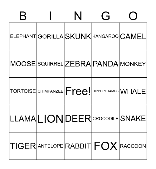 ANIMALS Bingo Card
