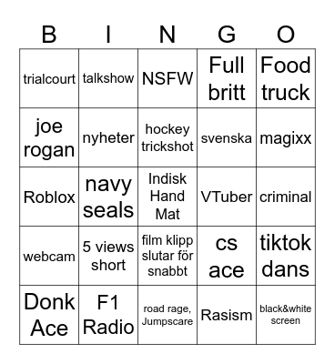 YT Shorts Bingo Card