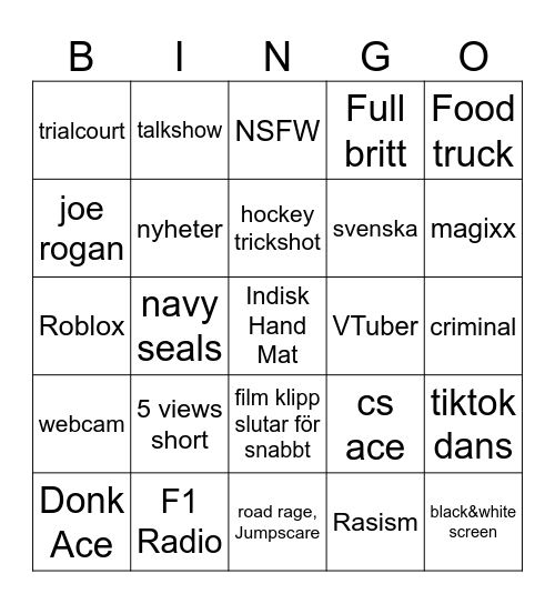 YT Shorts Bingo Card
