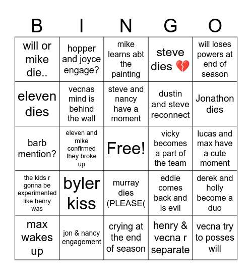 stranger things Bingo Card