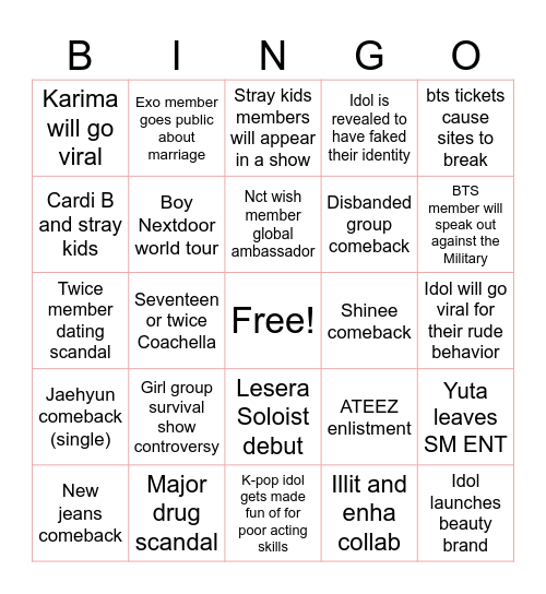 K-pop 2026 Bingo Card