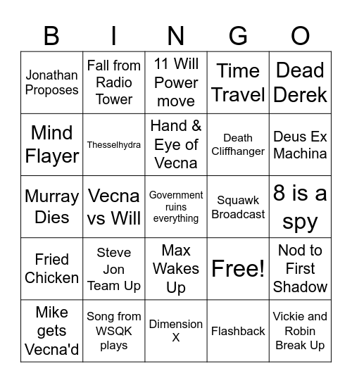 Stranger Things Vol 2 Bingo Card