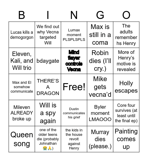 Stranger Things Predictions Bingo Card