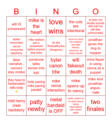 stranger things bingo Card
