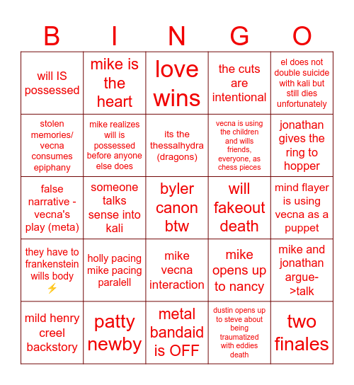 stranger things bingo Card