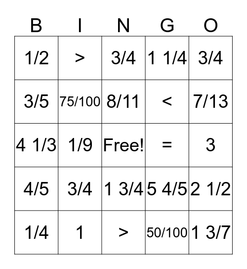 Fraction Bingo Card