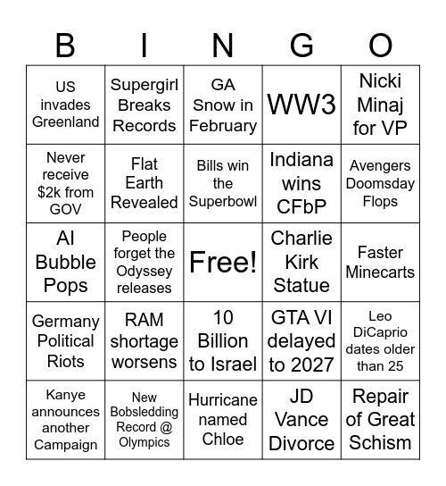 2026 Bingo Card Bingo Card