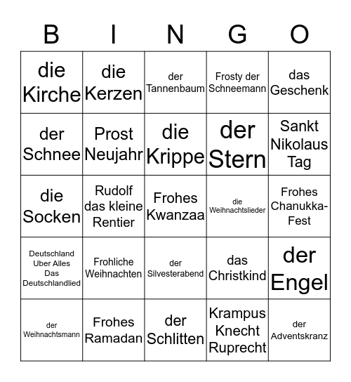 Weihnachten Wortschatz Bingo Card